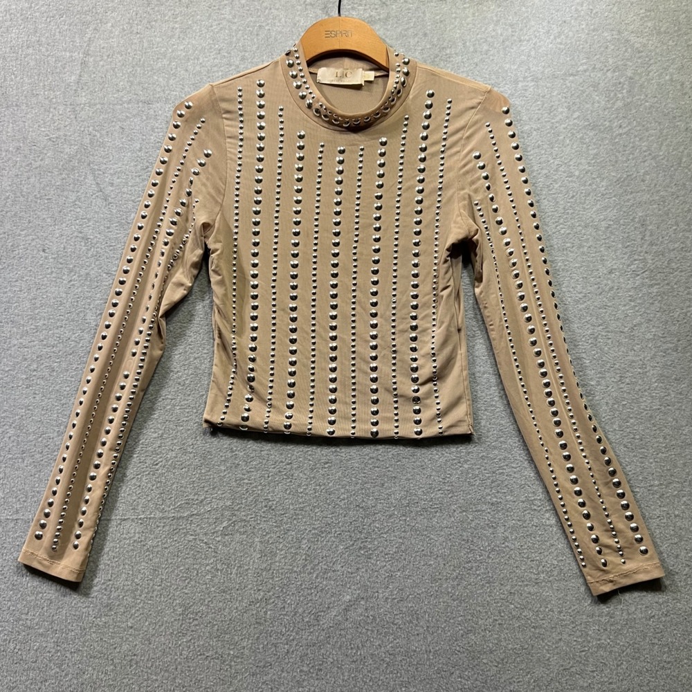 Womens Tan Rave Y2K Mesh Studded Mock Neck Long Sleeve Crop Top Small